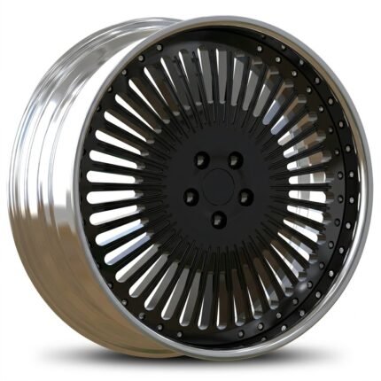High-end 3/4 perspective of a custom VIP-style light alloy wheel, highlighting the premium contrast between the gloss black center and the polished chrome outer ring on a pure white background.