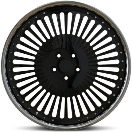Front-facing commercial product shot of a custom 22-inch 2-piece VIP wheel for 2002 Lexus SC430, featuring a dense multi-spoke gloss black face and a bright vacuum chrome outer lip.