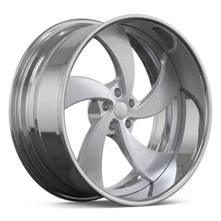 High-end 3/4 perspective of a rotational 5-spoke custom truck wheel, showcasing the modern brushed finish and deep-dish profile on a pure white background.