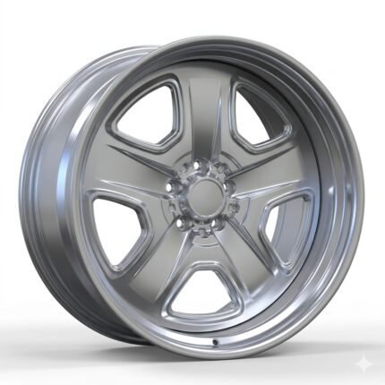 High-end 3/4 perspective of a Hyper Silver 2-piece forged Oldsmobile Rally style wheel with a 5x120.65 bolt pattern, highlighting the intricate spoke geometry on a pure white background.