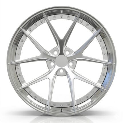Front-facing commercial product shot of a custom 21-inch split 5-spoke 2-piece forged wheel for the 2016 Jaguar F-Type, featuring premium assembly rivets.