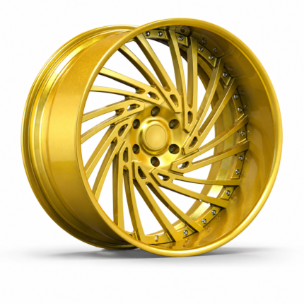 High-end 3/4 perspective view of a custom 24x12 3-piece forged wheel for Chevy Silverado, featuring a vacuum electroplated gold finish, spiral spokes, and a logo-free center cap ready for OEM branding on a pure white background.