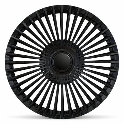 Front-facing commercial grade view of a gloss black 24x10 forged wheel for 2023 Chevy Silverado RST, featuring a logo-free center and dense multi-spoke design on a pure white background.