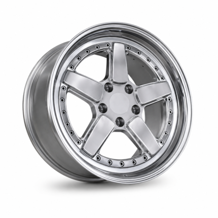 High-end 3/4 perspective of a lightweight forged wheel for BMW E34 and E60, highlighting the deep polished brushed lip, electroplated assembly bolts, and classic 5-spoke design.