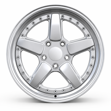 Front-facing view of a custom 17-inch 5-spoke forged wheel for classic BMW E36 and E46, featuring a fine sparkling silver face and polished lip on a pure white background.