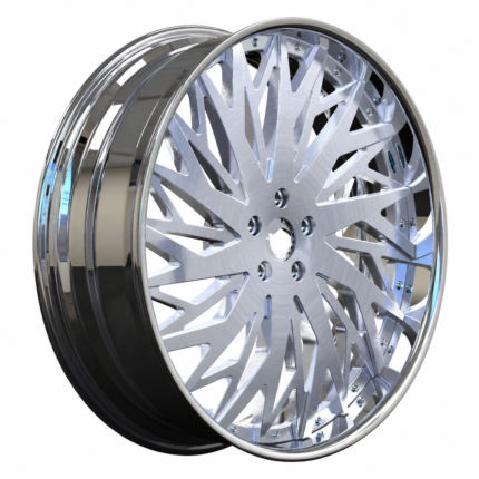 High-end 3/4 perspective of a custom 26-inch 3-piece forged wheel for Chevy C10, featuring a brushed silver center and deep chrome lip on a white background.