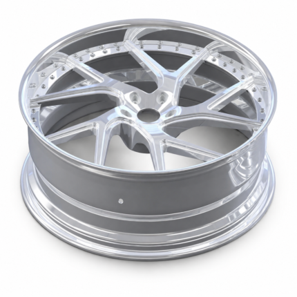 Low-angle profile view of a staggered 26x10 rear 3-piece forged wheel, showcasing the modular hardware, custom deep rear barrel, and brilliant hyper silver finish.
