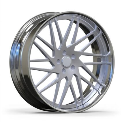 High-end 3/4 perspective of a custom 24-inch brushed silver directional wheel for 1988 Chevy Monte Carlo SS, featuring a deep lip and dynamic multi-spoke design on a white background.