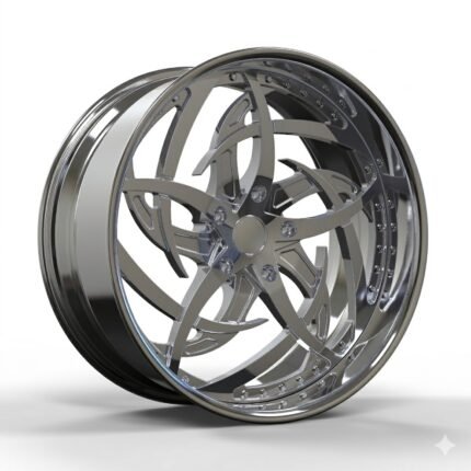 High-end 3/4 perspective of a polished and chrome custom directional wheel for classic Ford pickup trucks, isolated on a professional pure white background.