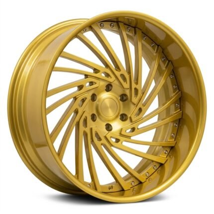 High-end 3/4 perspective of a 3-piece forged luxury truck wheel in vacuum gold, highlighting the modular assembly hardware and aggressive wide-stance geometry on a white background.