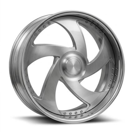 High-end 3/4 perspective of a 24x9 custom classic car wheel, showcasing the sophisticated brushed aluminum and vacuum white electroplated finish on a pure white background.