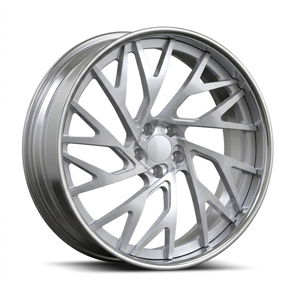 CNWR-FG3P104BA-0Brushed Aluminum High-end 3/4 perspective of a brushed aluminum custom wheel for Chevy Impala, highlighting the modern geometric spokes and clean, logo-free center cap on a pure white background.
