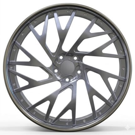 Front-facing commercial product shot of a custom 22-inch 3-piece forged wheel for Chevy Caprice, featuring a complex interwoven multi-spoke design and a premium brushed aluminum finish.