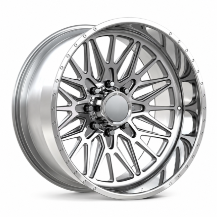 High-end 3/4 perspective of a fully polished aftermarket forged wheel for heavy-duty pickup trucks, showcasing a logo-free center cap ready for B2B OEM branding.