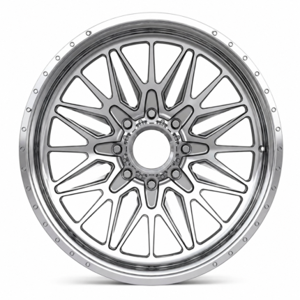 Front-facing view of a polished deep dish forged wheel for Ford and RAM trucks, featuring an aggressive multi-spoke design and heavy-duty lug pattern on a pure white background.