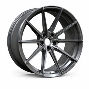 High-end 3/4 perspective of a lightweight aftermarket flow-formed wheel for high-performance sports cars, showcasing the aggressive deep concave profile and logo-free center cap ready for B2B OEM branding.