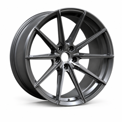 High-end 3/4 perspective of a lightweight aftermarket flow-formed wheel for high-performance sports cars, showcasing the aggressive deep concave profile and logo-free center cap ready for B2B OEM branding.