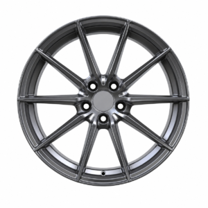 Front-facing view of a custom flow-formed 10-spoke deep concave wheel for BMW M2, M3, and M4, featuring a sleek gloss black finish on a pure white commercial background.