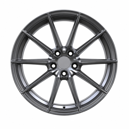 Front-facing view of a custom flow-formed 10-spoke deep concave wheel for BMW M2, M3, and M4, featuring a sleek gloss black finish on a pure white commercial background.