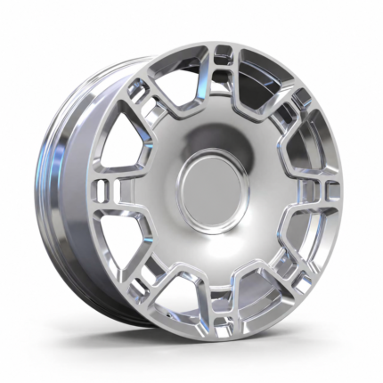 High-end 3/4 perspective of a VIP style monoblock forged wheel for Mercedes S-Class, featuring a fully polished finish and signature layered window design on a pure white background.