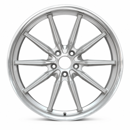 High-end 3/4 perspective of an aftermarket hybrid forged wheel for 2005 Mercedes-Benz CLS500, showcasing the sleek brushed silver style finish ready for B2B OEM branding.