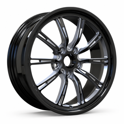 High-end 3/4 perspective of an aftermarket alloy wheel for high-performance coupes, showcasing the striking contrast between the black face and milled window accents ready for B2B OEM branding.