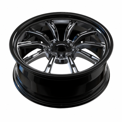 Low-angle profile view of a custom aggressive ET15 offset wheel for Nissan Z, highlighting the deep gloss black barrel and aerodynamic 10-spoke design on a white background.