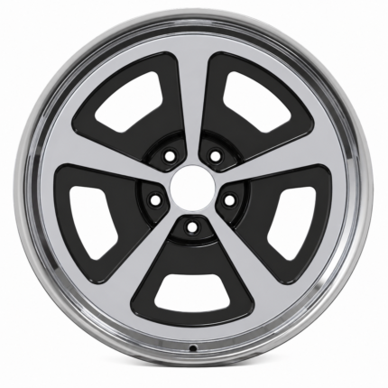 Front-facing commercial product shot of a classic 5-spoke cast aluminum wheel for Chevy Chevelle, featuring a gloss black machined finish on a pure white background.