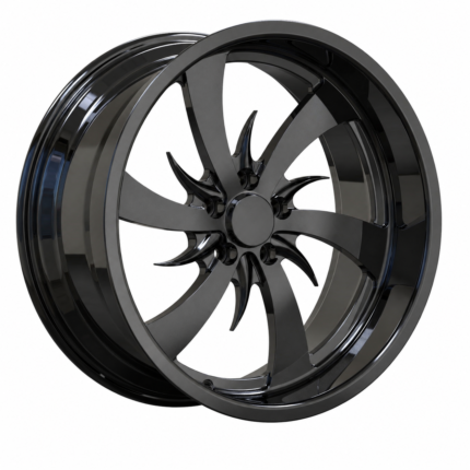 High-end 3/4 perspective of a custom gloss black wheel for 1973 Dodge Challenger, featuring a unique spiral scythe spoke design on a pure white #FFFFFF background.