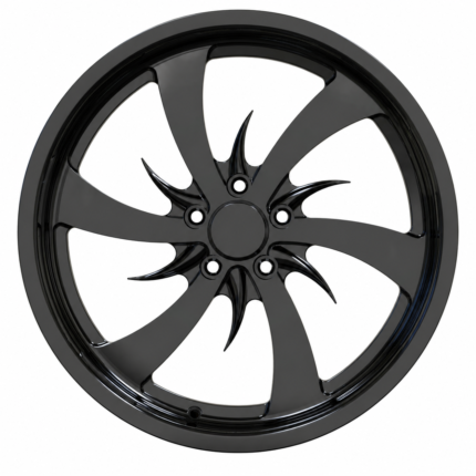 Front-facing commercial product shot of an 18x8 custom muscle car wheel with a 5x114.3 bolt pattern and sharp directional spokes, captured under professional studio lighting.
