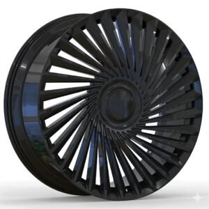 High-end 3/4 perspective of a luxury aftermarket wheel for Rolls-Royce Ghost, highlighting the elegant directional turbine spokes and premium gloss black finish.