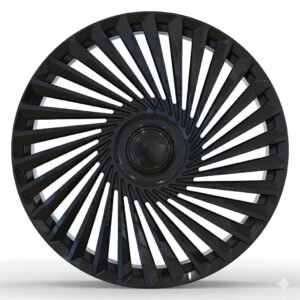 Front-facing commercial product shot of a custom monoblock forged turbine wheel for Rolls-Royce Cullinan, featuring a dense multi-spoke design in gloss black.