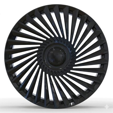 Front-facing commercial product shot of a custom monoblock forged turbine wheel for Rolls-Royce Cullinan, featuring a dense multi-spoke design in gloss black.