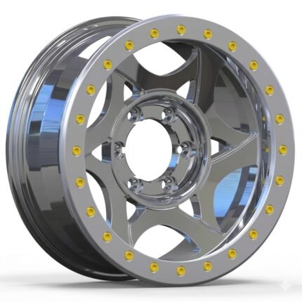 High-end 3/4 perspective of a polished true beadlock off-road wheel, highlighting the functional beadlock ring and gold assembly bolts on a pure white background.