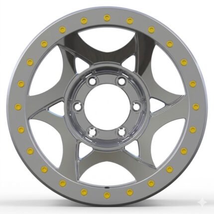 Front-facing commercial product shot of a custom 17x9 true beadlock off-road wheel for Toyota Tacoma, featuring a high-polish finish, 6-spoke design, and striking gold hardware.