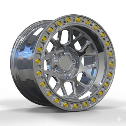 High-end 3/4 perspective of a custom 17x10 polished true beadlock wheel for 2005 Jeep Wrangler TJ, featuring an extreme deep dish and high-visibility yellow hardware.