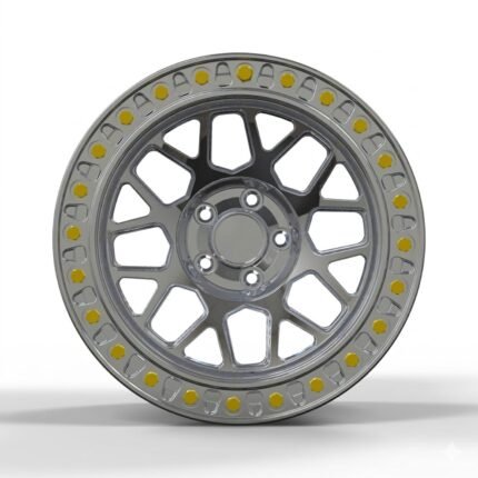Front-facing commercial product shot of a 17-inch polished off-road wheel, highlighting the functional beadlock ring, 5x114.3 bolt pattern, and custom yellow assembly bolts.