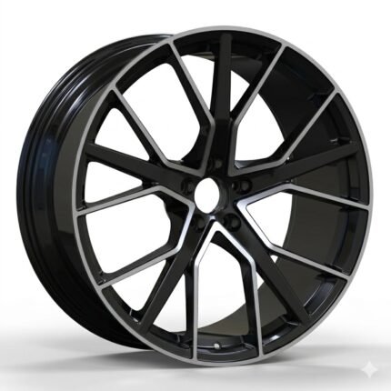 Angled perspective of a 21-inch lightweight forged wheel for Audi SQ8, showcasing the precise metallic cuts and high-gloss black base.