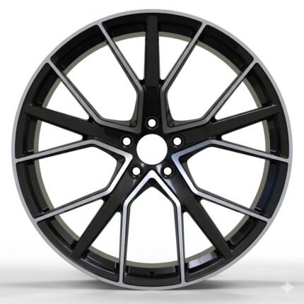 Front view of a 5x112 Audi OEM-style custom forged wheel featuring a premium gloss black finish with machined face spokes.