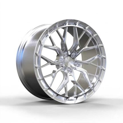3/4 perspective of a custom brushed aluminum split 5-spoke forged wheel for BMW, highlighting the precision aerodynamic undercuts.