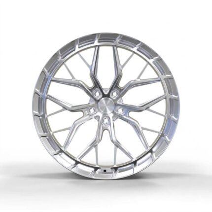 Front view of a 1-piece monoblock forged wheel featuring a complex dual 5-spoke design in a premium diamond silver finish.