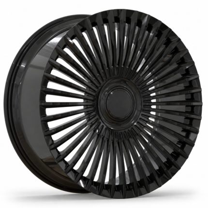 High-end 3/4 top-down perspective view of an aftermarket forged wheel for 2023 Chevy Silverado RST, showcasing the premium gloss black finish and logo-free floating cap-ready design on a pure white background.