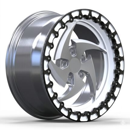 High-end 3/4 perspective of a custom directional beadlock wheel for Jeep SRT8, highlighting the high-gloss brushed finish and aggressive drag-racing aesthetics on a white background.
